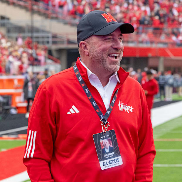 Nebraska athletics director Troy Dannen smiles during the Northwestern game.