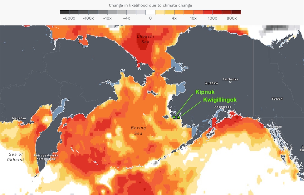 An image showing above average water temperatures in the Bering and Chukchi Seas.