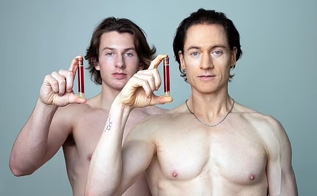 The 48-year-old (pictured, right, with his son) claims to be more than a decade younger biologically than his actual age