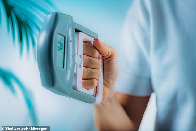 A hand dynamometer is used to measure isometric grip force (hand grip strength)