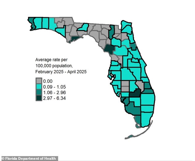 The above map shows the rate of whooping cough per county in Florida between February and April 2025, the latest data available