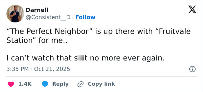 Screenshot of a Twitter post reacting emotionally to Netflix’s The Perfect Neighbor, highlighting its disturbing true story.