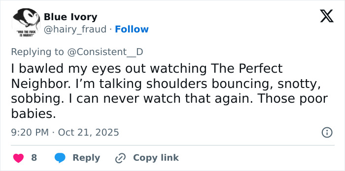 Tweet expressing a gut-wrenching reaction to Netflix’s The Perfect Neighbor and its disturbing true story.