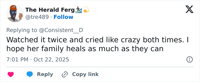 Tweet reading watched it twice and cried like crazy both times with hope her family heals, reflecting Netflix’s The Perfect Neighbor reactions.