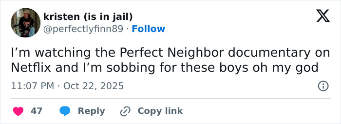Screenshot of a Twitter post showing emotional reactions to Netflix’s The Perfect Neighbor disturbing true story documentary.