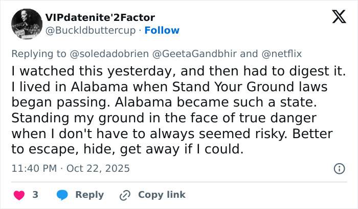 Tweet with a user reflecting on disturbing true story reactions from Netflix’s The Perfect Neighbor and personal experiences in Alabama.
