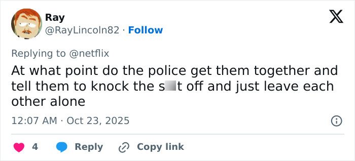 Tweet from user Ray expressing frustration about police intervention in a disturbing true story related to Netflix’s The Perfect Neighbor.