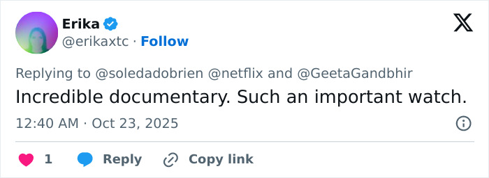 Tweet from user Erika praising Netflix’s The Perfect Neighbor documentary as an incredible and important watch.