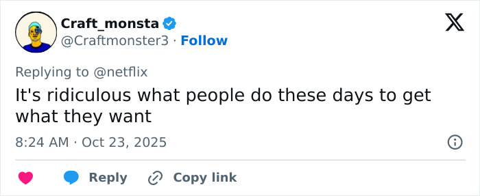 Tweet from user Craft_monsta reacting to Netflix’s The Perfect Neighbor, expressing disbelief at people’s actions nowadays.