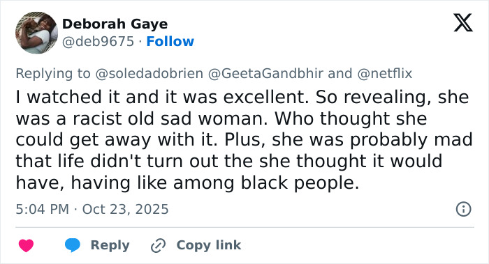 Tweet by Deborah Gaye sharing gut-wrenching reactions to Netflix’s The Perfect Neighbor true story.