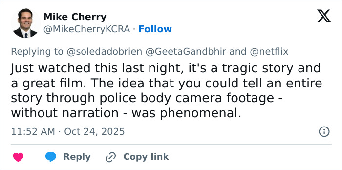 Screenshot of a tweet praising Netflix’s The Perfect Neighbor for its tragic story told through police body camera footage.