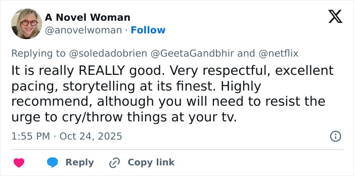 Twitter post praising Netflix’s The Perfect Neighbor, highlighting its respectful storytelling and disturbing true story impact.
