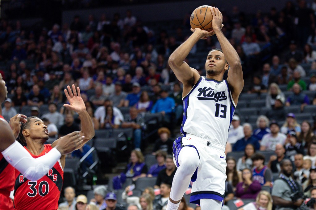 Sacramento Kings forward Keegan Murray (13) shoots the ball during the first quarter against the Toronto Raptors at Golden 1 Center.