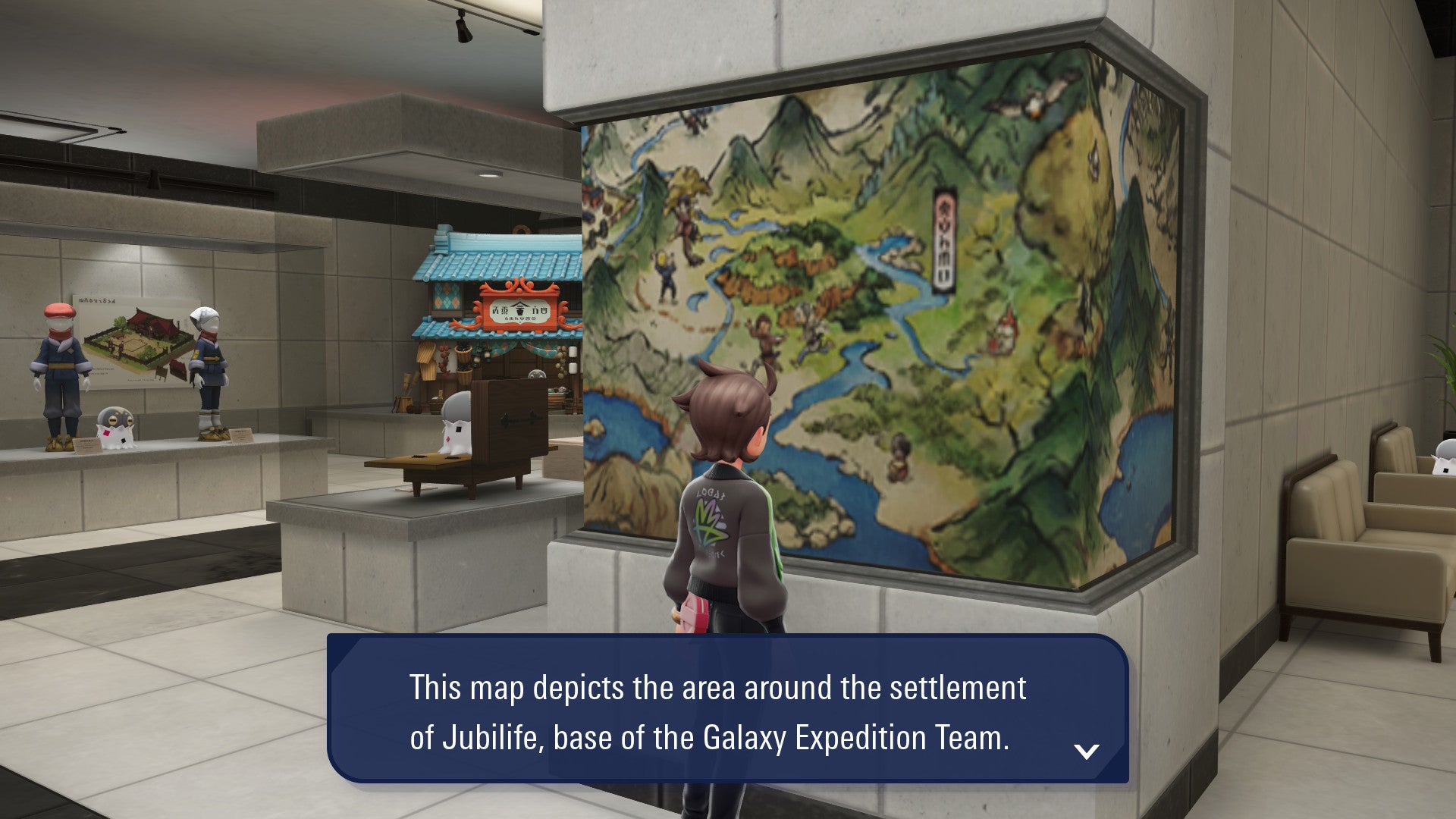 Pokémon Legends: Z-A screenshot showing a map of the Hisui region in the Lumiose Museum, which has a special exhibit on Hisui.