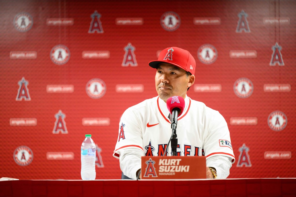 Los Angeles Angels manager Kurt Suzuki speaks during a press conference at Angel Stadium.