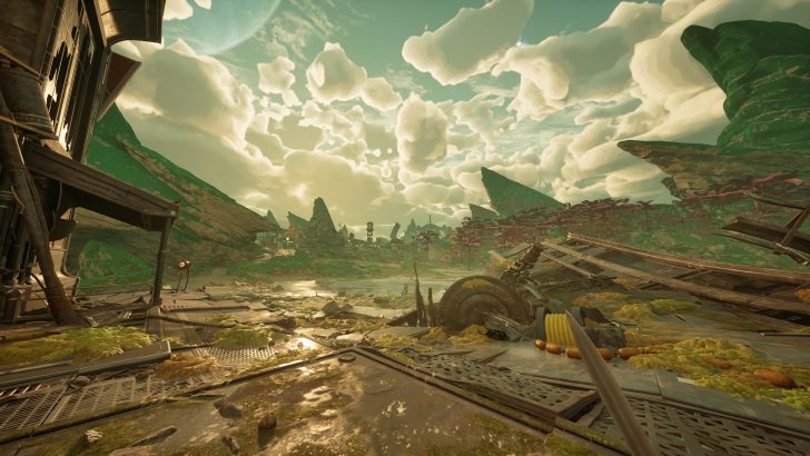 Futuristic alien landscape with rocky terrain, scattered debris, and a cloudy sky.