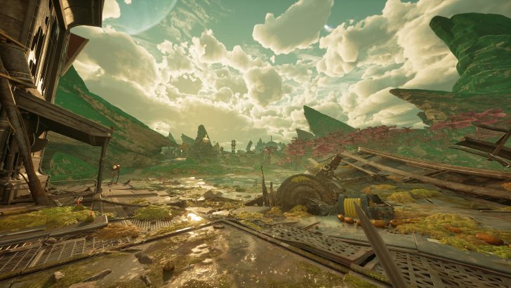 Futuristic landscape with industrial debris under a cloudy sky.