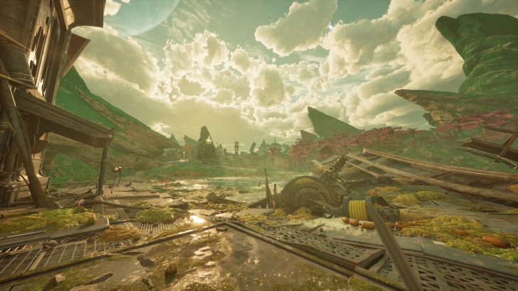 Futuristic landscape with alien vegetation and wreckage under a cloudy sky.