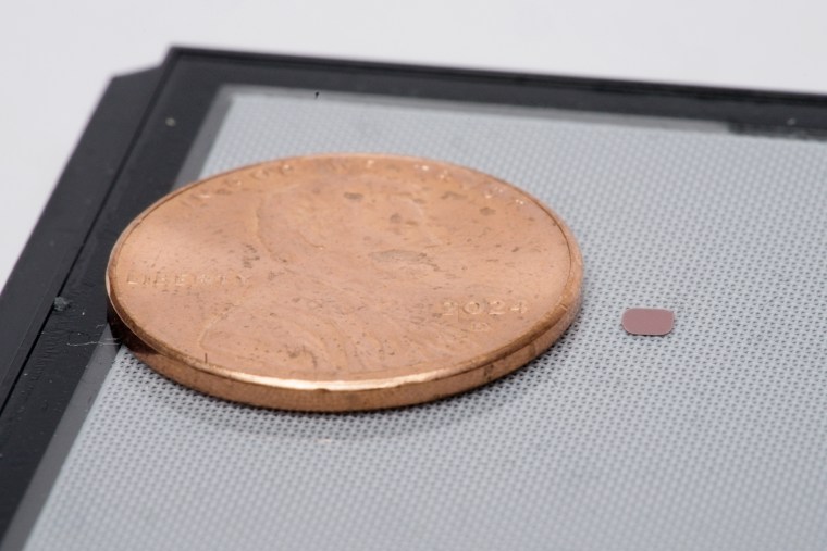 A penny is next to an implant chip that is about 1/50th of it's size, laid on a surface