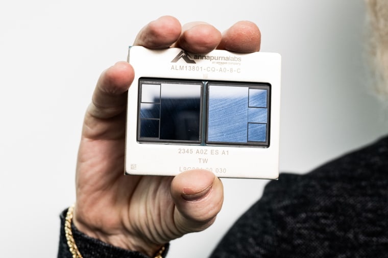 Senior vice president and distinguished engineer at Amazon, holds an Annpurna Labs Tranium 2 chip.