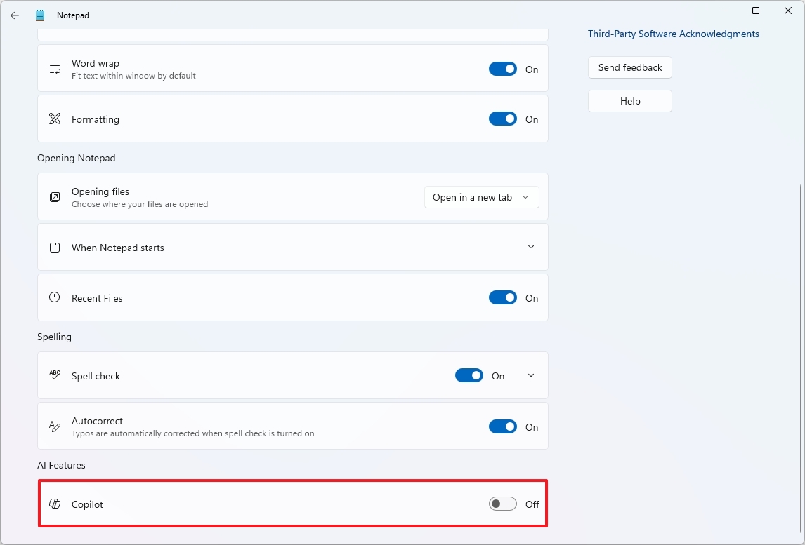 Notepad disable Copilot feature