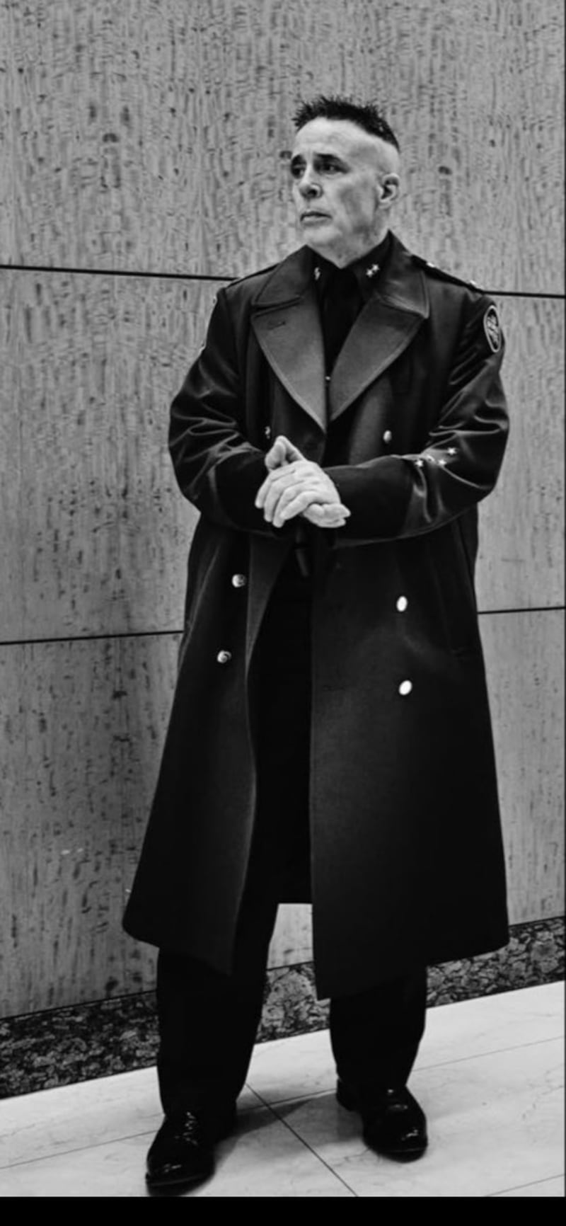 The black and white photo of Border Patrol chief Gregory Bovino in a long SS-style trenchcoat that drew 'Nazi' comparisons.