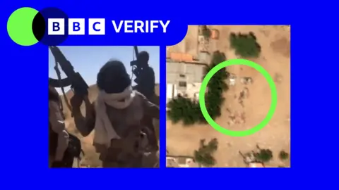 BBC A composite image showing an RSF fighter raising his gun. The image on the right shows a satellite image of what analysts identified as dead bodies in el-Fasher.