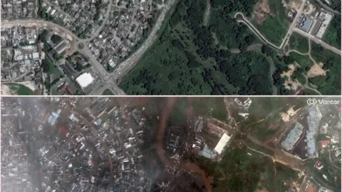Reuters Side by side satellite images showing before and after hurricane damage. The top image shows a densely built area surrounded by green vegetation, roads, and buildings with clear rooftops. The bottom image, shows widespread flooding and destruction with muddy brown water covering streets, vegetation flattened and rooftops obscured by debris. 
