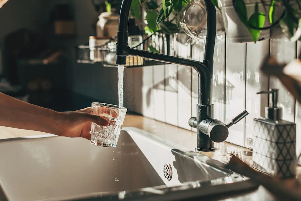 A hand holds a glass under a running kitchen faucet, surrounded by sink accessories and plants in the background