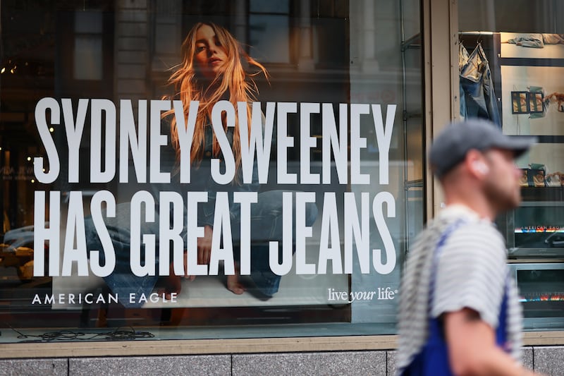 A window display of actress Sydney Sweeney is seen on a window of an American Eagle store on August 01, 2025 in New York City. American Eagle’s recent denim ad campaign featuring  Sweeney has drawn backlash for language and imagery that critics say echoes eugenics-era rhetoric.