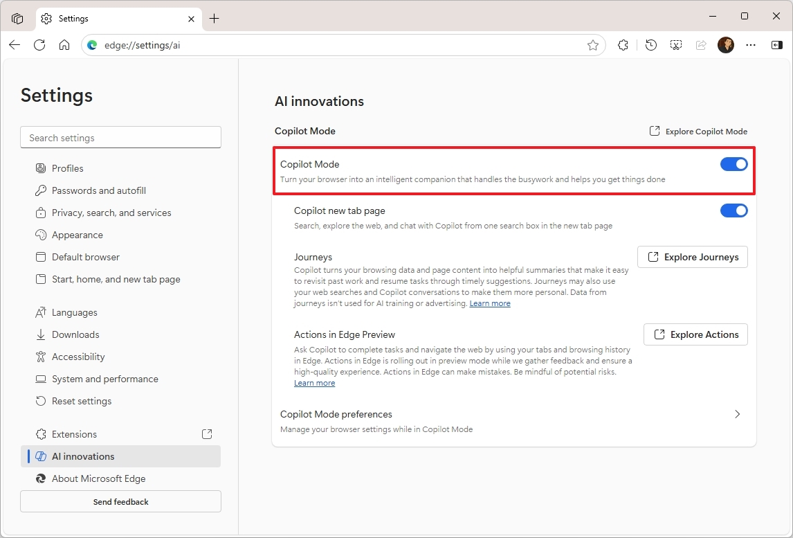 Microsoft Edge enable Copilot Mode