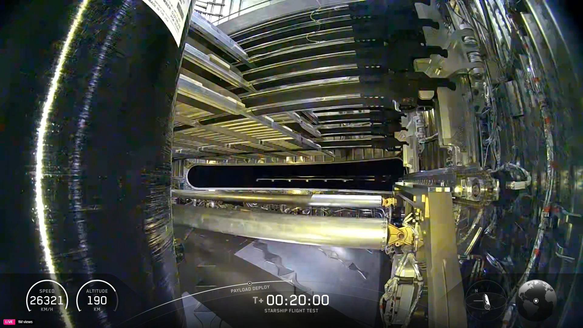 Flat satellites exit a giant rocket in space