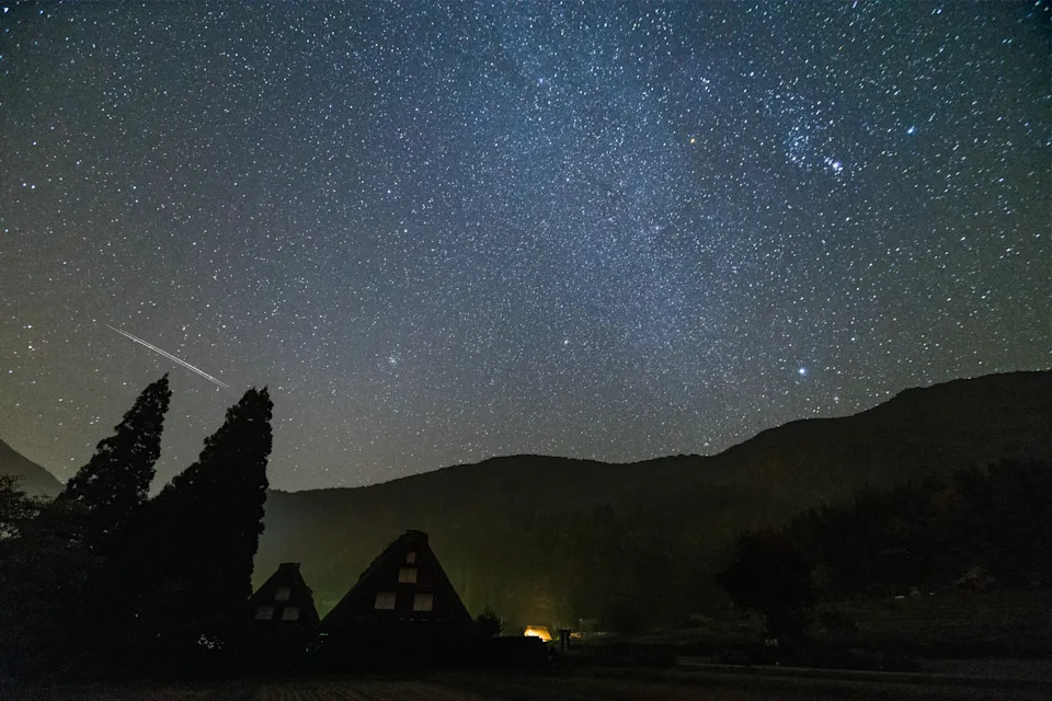 A meteor streaks low across a dark sky, with two trees and two pitched house roofs in the foreground.