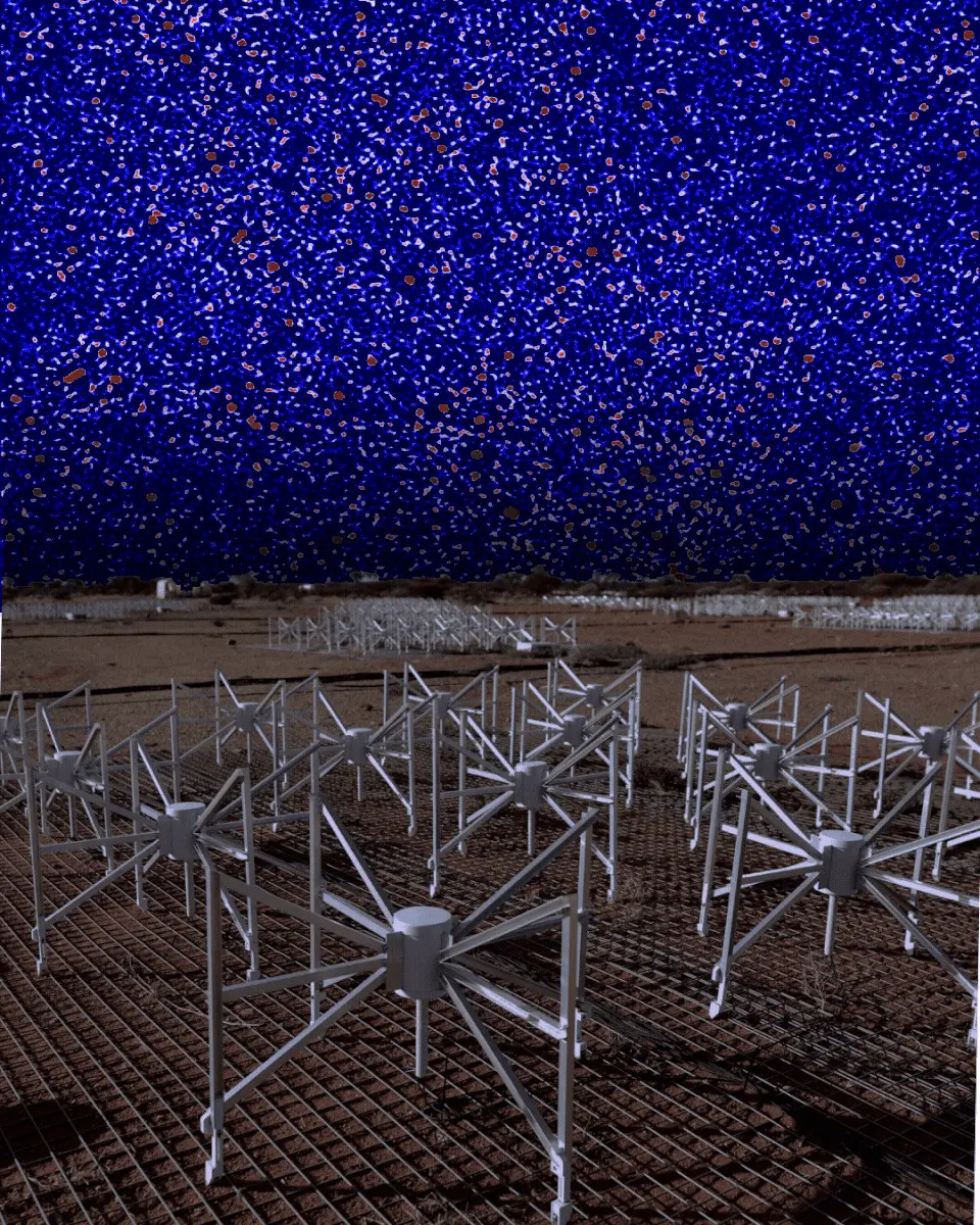 The radio sky image (background) represents the cleanest signal ever produced from data collected by the Murchison Widefield Array (foreground) in Western Australia.