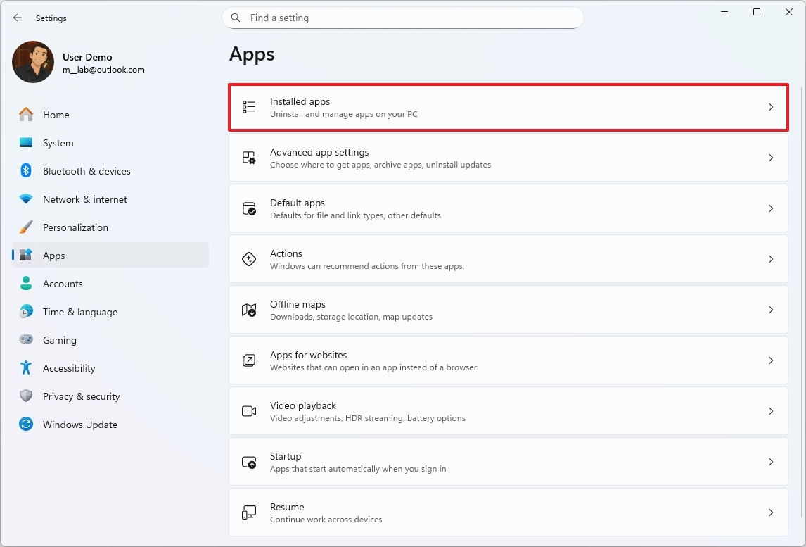 Open Installed apps settings
