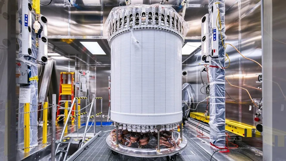 The central detector of the LZ Dark Matter Experiment, located at the Sanford Underground Research Facility in South Dakota, seen here before it was placed underground. - Matthew Kapust/Sanford Underground Research Facility/Lawrence Livermore National Laboratory