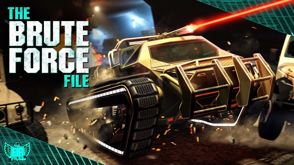 A promotional image featuring the Brute Force File for Grand Theft Auto V Online. The image centrally features an armored vehicle. Large white text on the left reads "THE BRUTE FORCE FILE", with a teal triangular border design. A small logo, likely for the JHB Files, is in the bottom left corner.