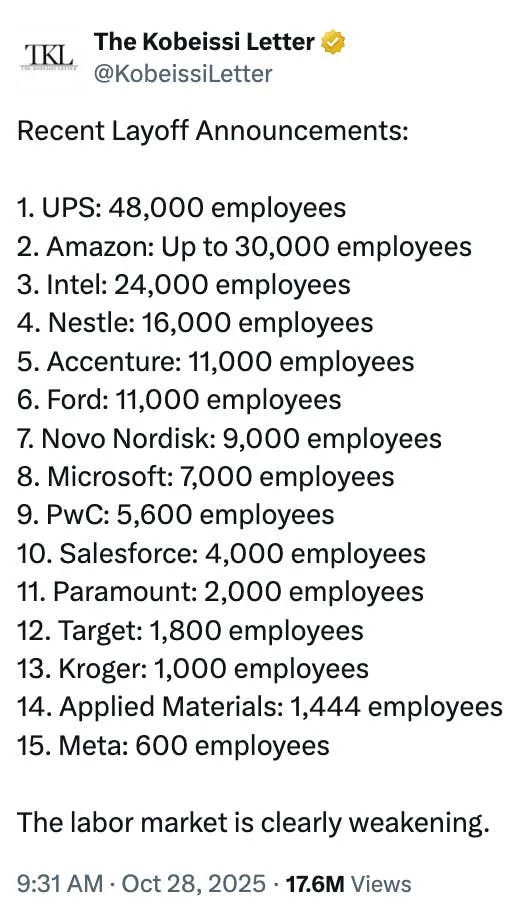 List of recent layoff announcements from large companies, totaling many thousands of employees, with UPS leading at 48,000