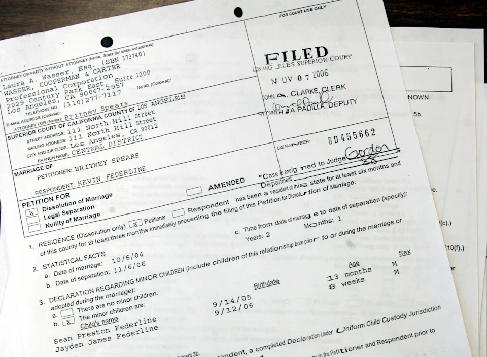 LOS ANGELES - NOVEMBER 7: Divorce papers show that Britney Spears has filed for divorce from Kevin Federline in Los Angeles Superior Court November 7, 2006 in Los Angeles, California. Spears filed for divorce on November 7 and is seeking custody of their two children Sean Preston, 1, and Jayden James, 2 months. (Photo by J. Emilio Flores/Getty Images)