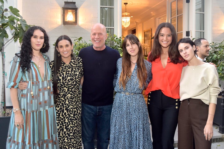Rumer Willis, Demi Moore, Bruce Willis, Scout Willis, Emma Heming Willis and Tallulah Willis attend Demi Moore's “Inside Out” book party on Sep. 23, 2019.