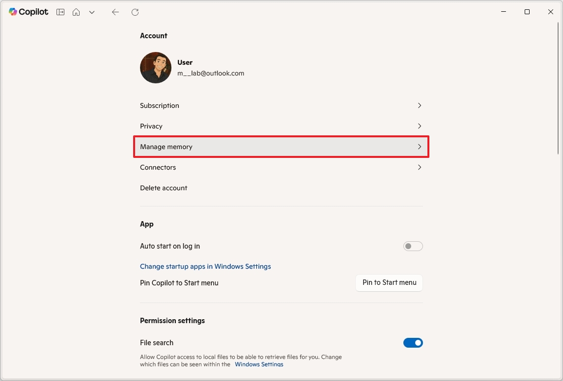 Copilot manage memory option