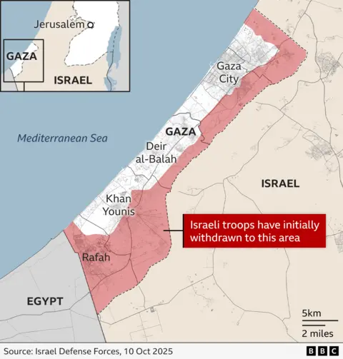 A map of Gaza showing the areas to which Israeli troops have withdrawn as set out in phase one of the ceasefire plan. Israeli Defense Forces have pulled out of the cities of Khan Younis, Deir al-Balah and Gaza City and all the land between them and along the coast. The shaded area shows Israeli troops remain in control of all areas within one to two miles of the border in the north and east of Gaza, and in the south all of Rafah remains under Israeli control.

