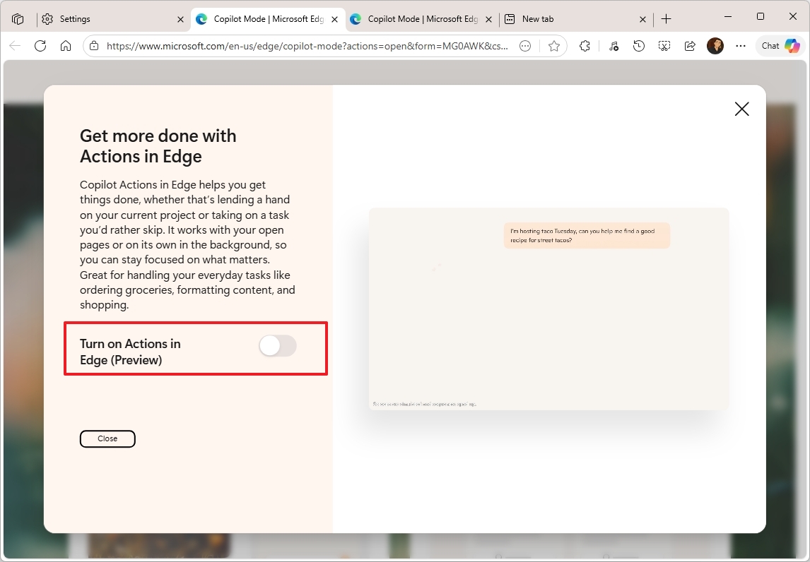 Microsoft Edge enable Actions