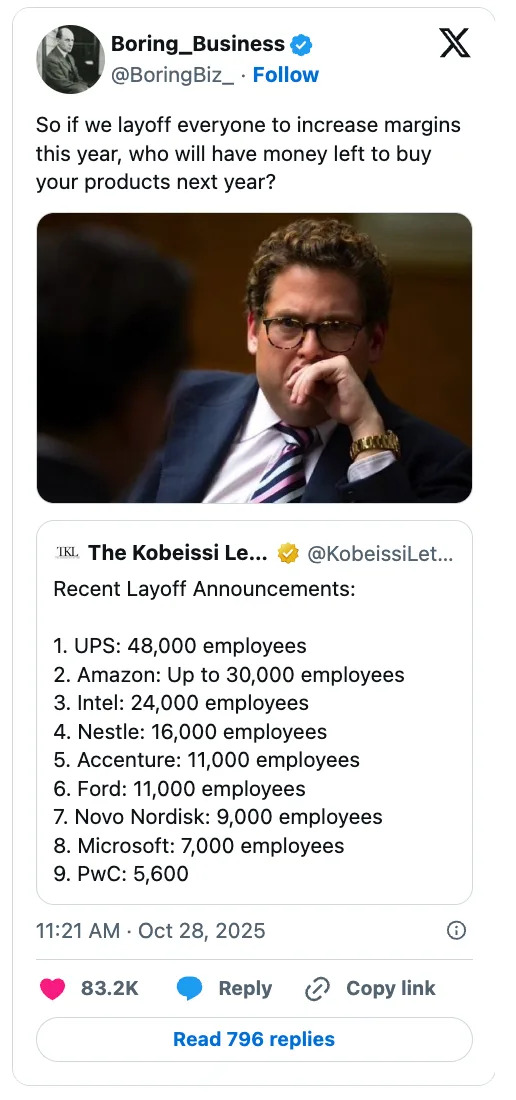 Social media post discussing layoff concerns. It mentions recent layoff figures from major companies like UPS, Amazon, and Meta