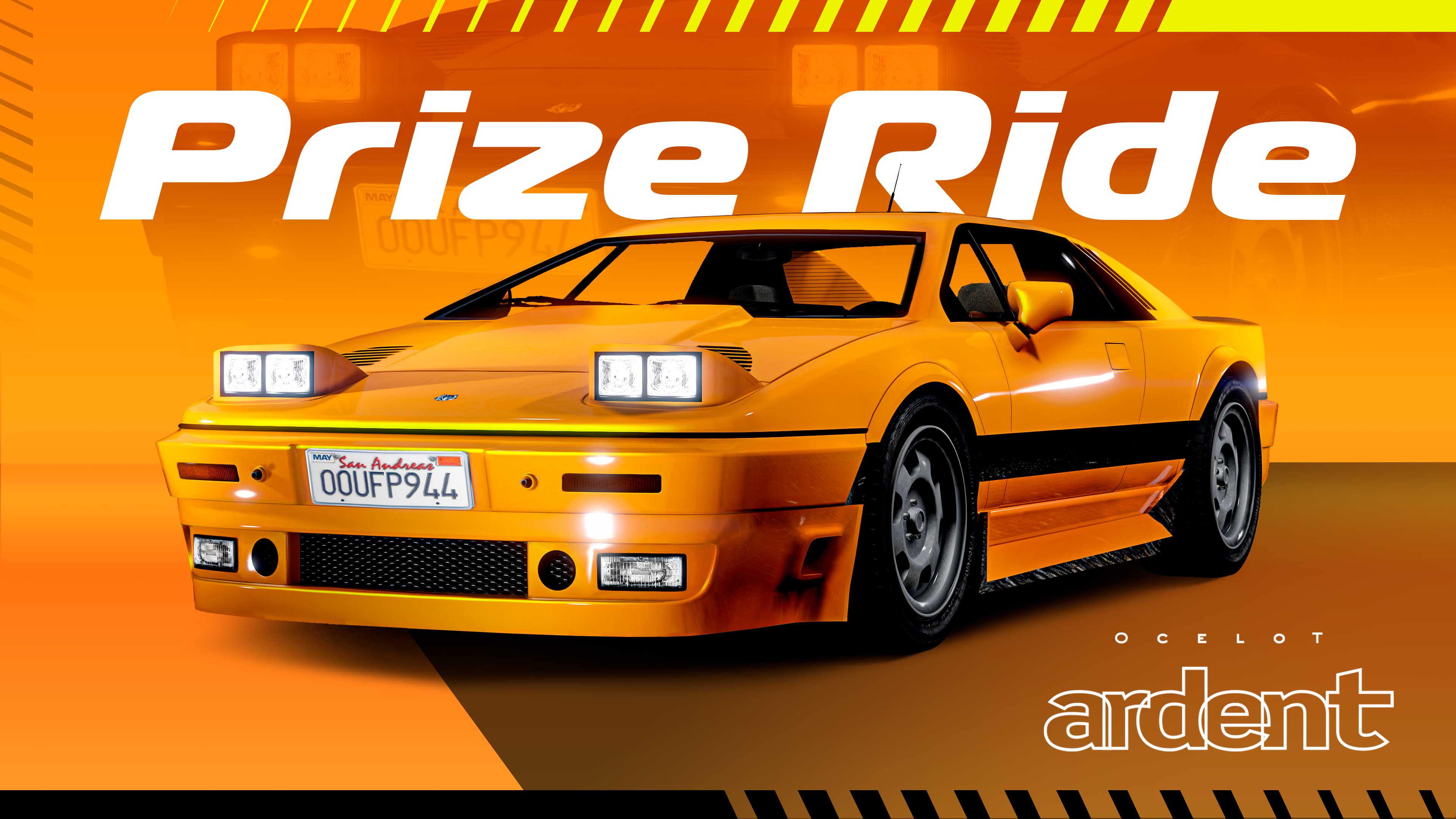 A vibrant promotional image for the Prize Ride event in Grand Theft Auto Online, featuring the Ocelot Ardent sports car. The Ardent is a bright orange color with a contrasting black side stripe and pop-up headlights raised. It is positioned centrally against a striking orange and yellow background with diagonal stripe details. Large white text reading "Prize Ride" dominates the top of the image. The vehicle's name, "Ocelot Ardent", is written in smaller text in the bottom right corner.