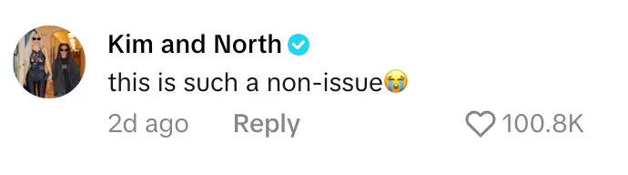 Comment from Kim and North saying, "this is such a non-issue," with tears emoji. Engaged 100.8K likes, replied 2 days ago