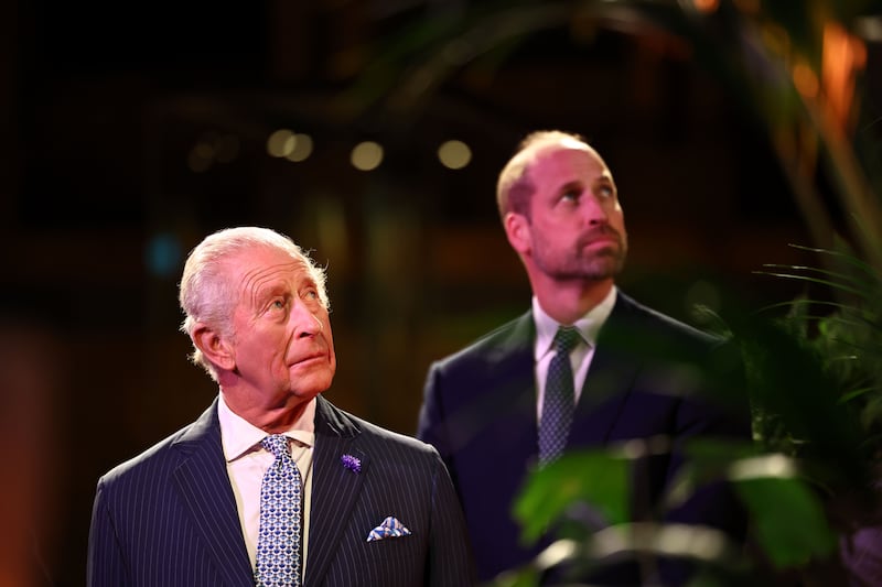 Prince William, Prince of Wales and King Charles III attend the Countdown to COP30 at the Natural History Museum on October 09, 2025 in London, England. The event, hosted by the Natural History Museum and the UK Government, brings together climate ambassadors from across the world ahead of the COP30 summit in Belem in November. (Photo by Henry Nicholls-Pool/Getty Images)