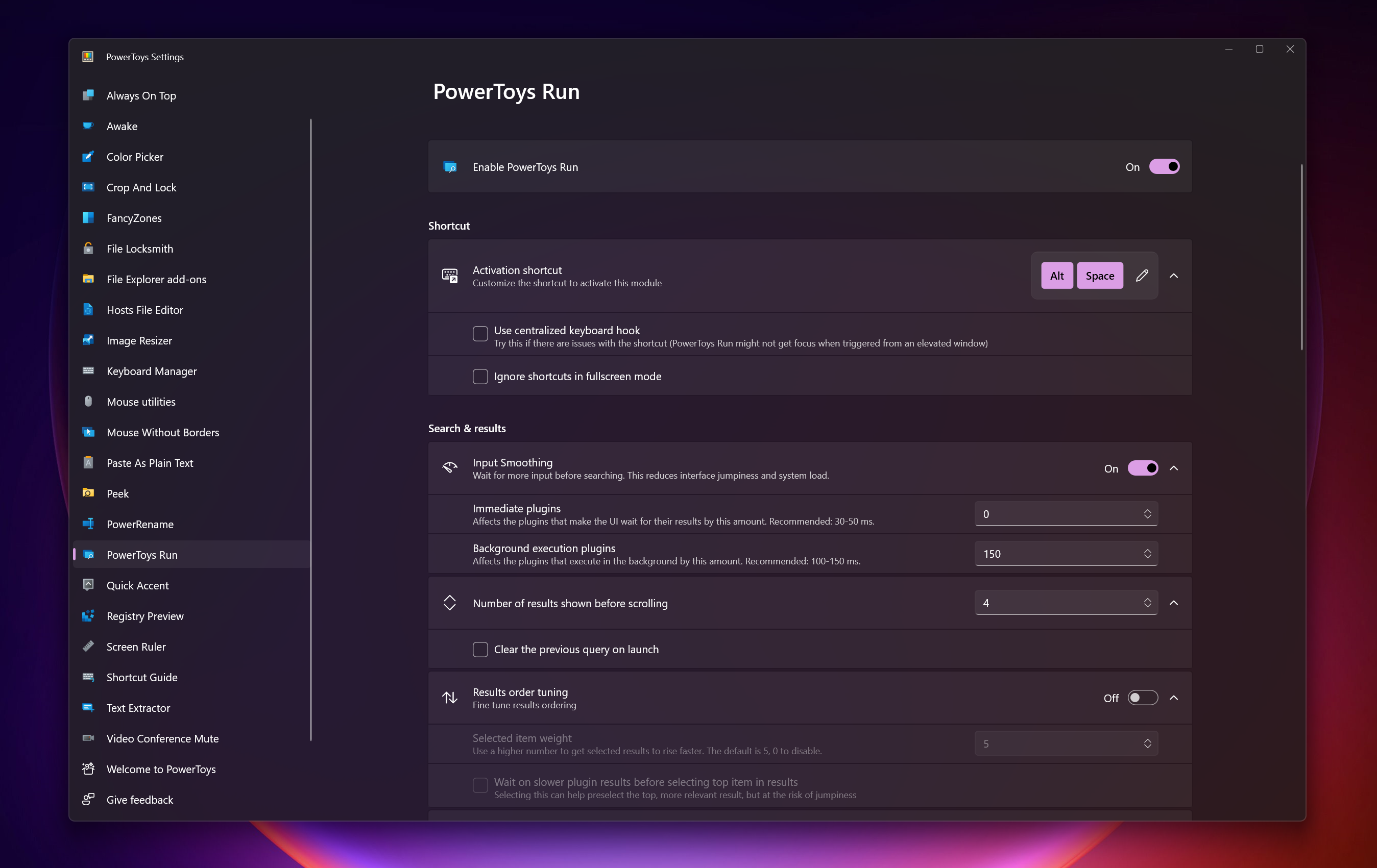 Microsoft PowerToys PowerRun settings