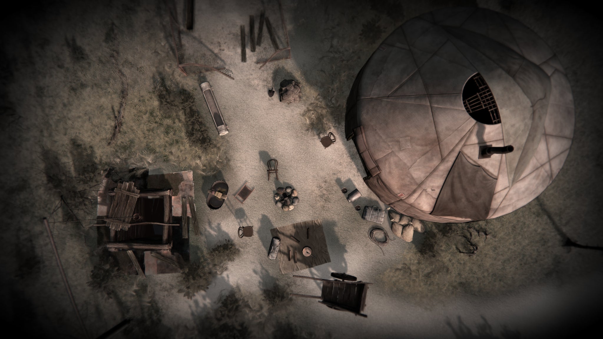 A sandy desert tent building in Darkwood 2, seen from above.
