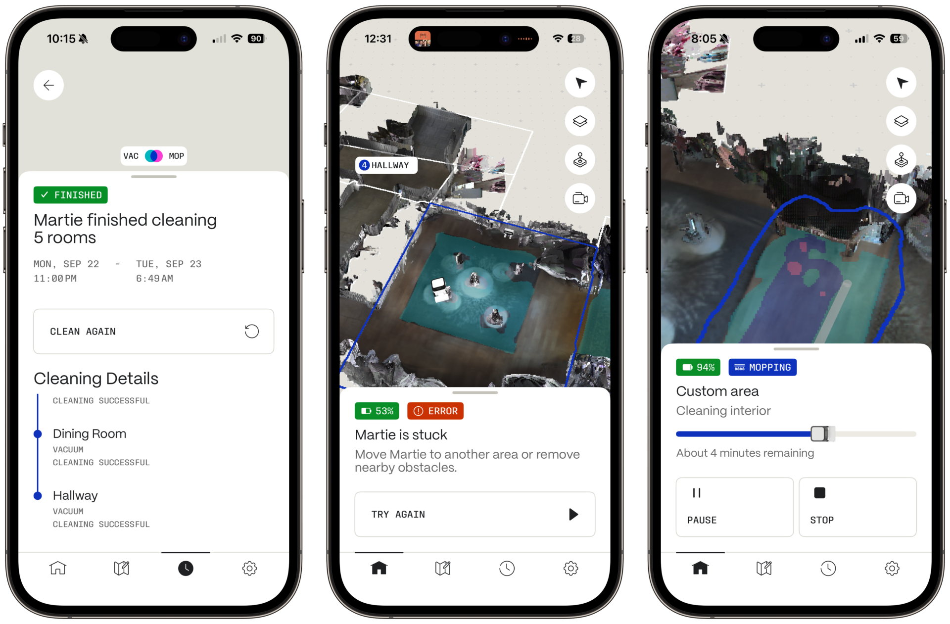 Three screenshots of the Matic app.